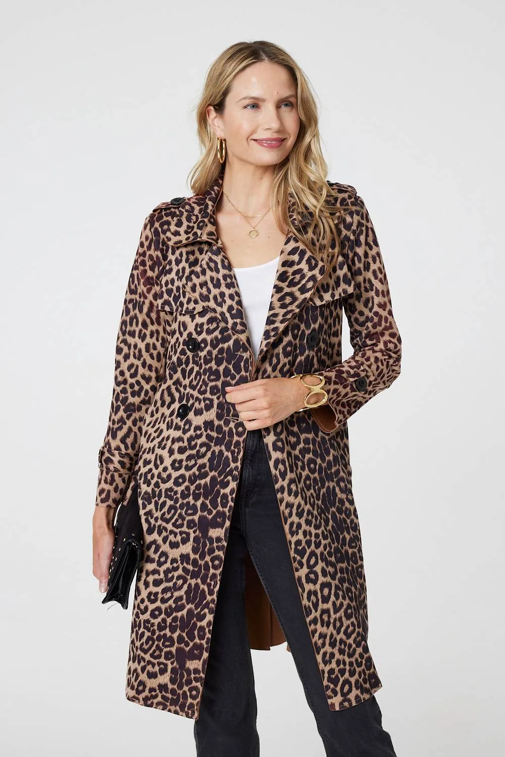 Leopard Print Double Breasted Trench Coat