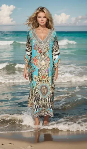 Long Silk Embellished Kaftan - Garden Delight