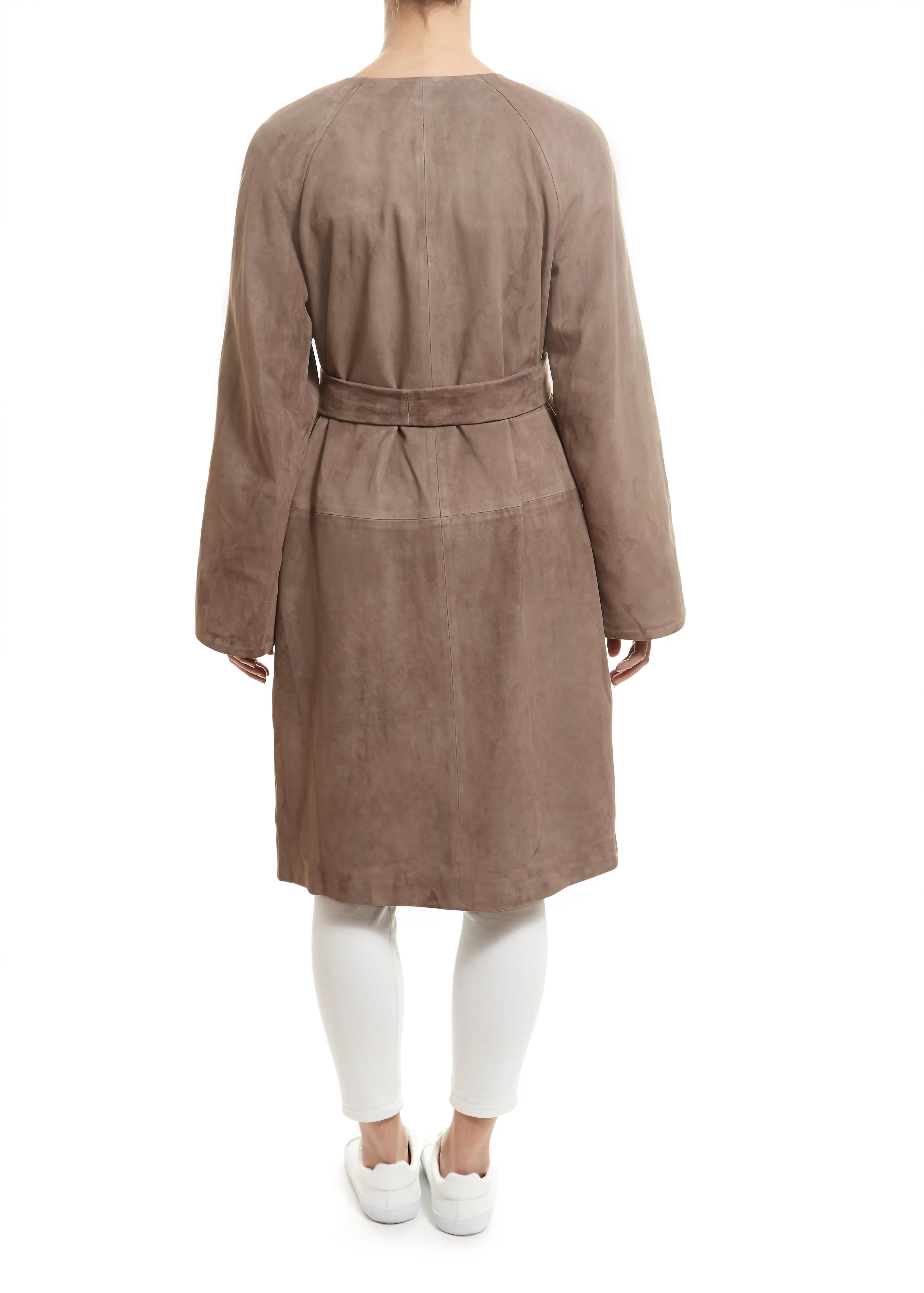 Long Taupe Suede Belted Coat