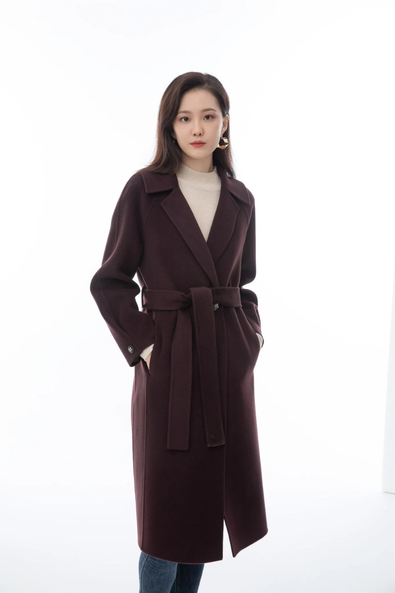 Maroon Wool Long Overcoats with Waistband