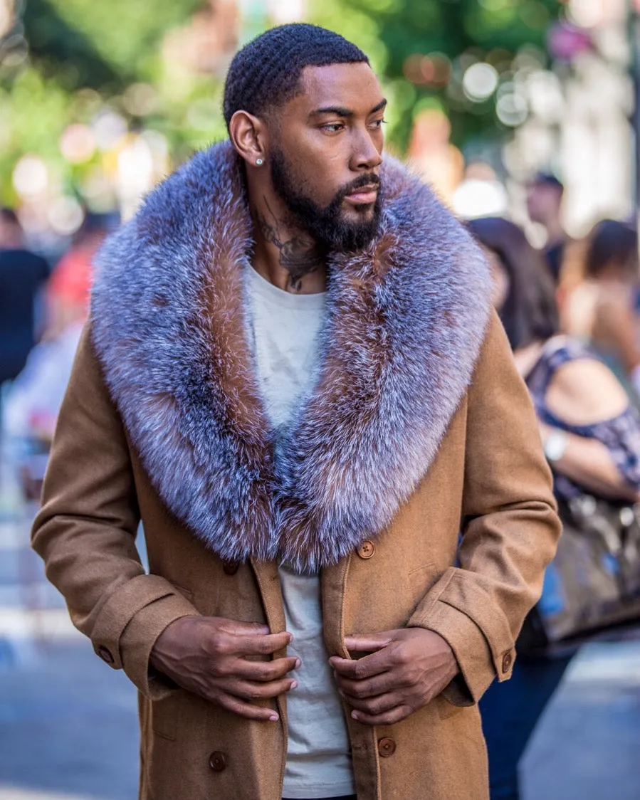 MEN TRENCH 3/4 PEACOAT-  TAN WITH CRYSTAL FOX FUR COLLAR