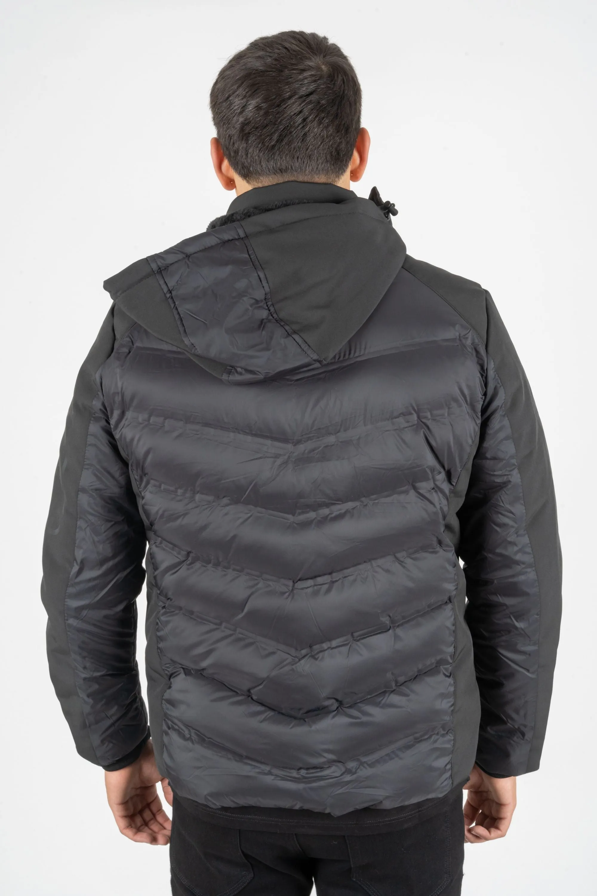 MEN'S BLACK JACKET ACTIVE MULTI FABRIC PADDED WITH HOOD | BLACK FJT7834