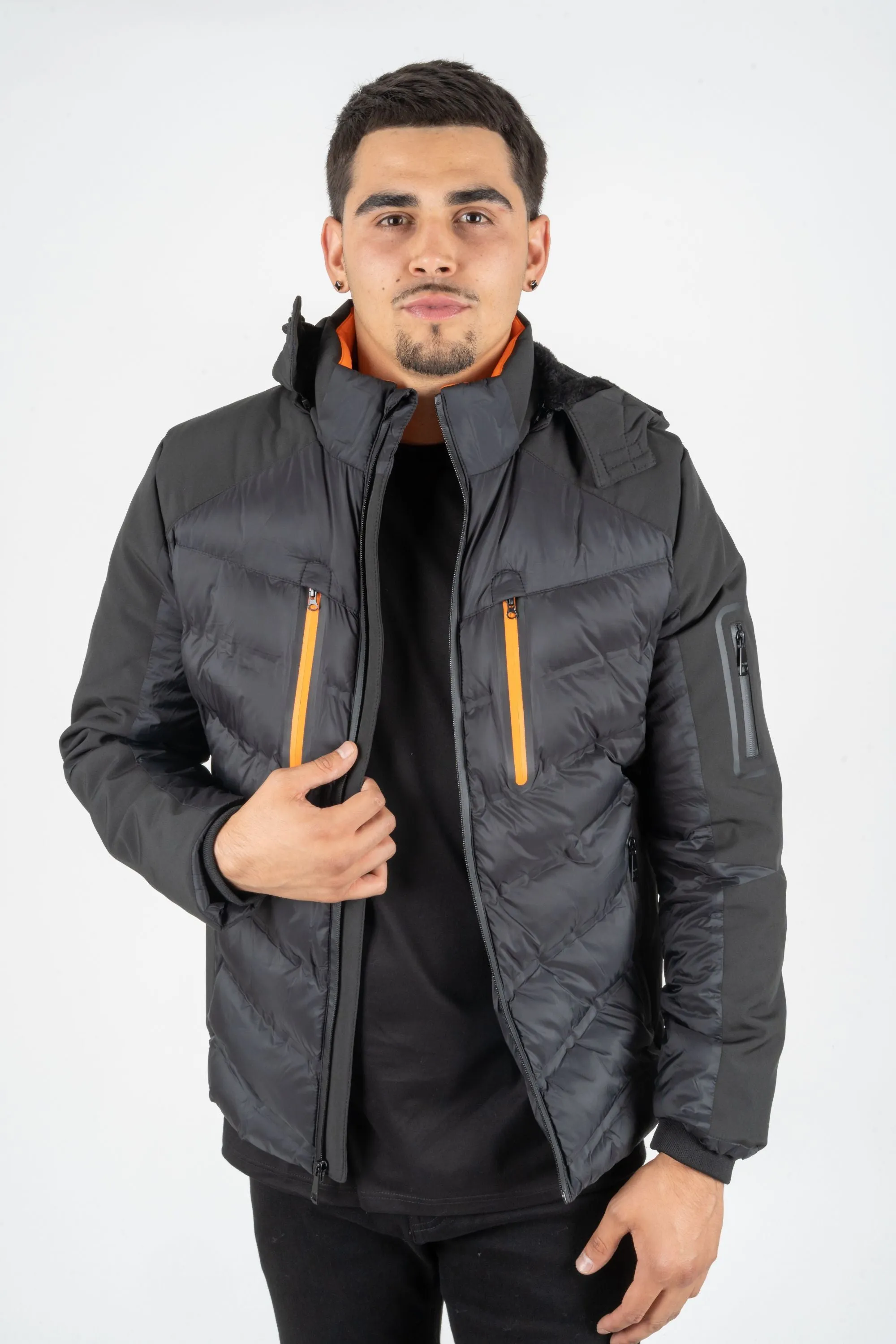 MEN'S BLACK JACKET ACTIVE MULTI FABRIC PADDED WITH HOOD | BLACK FJT7834