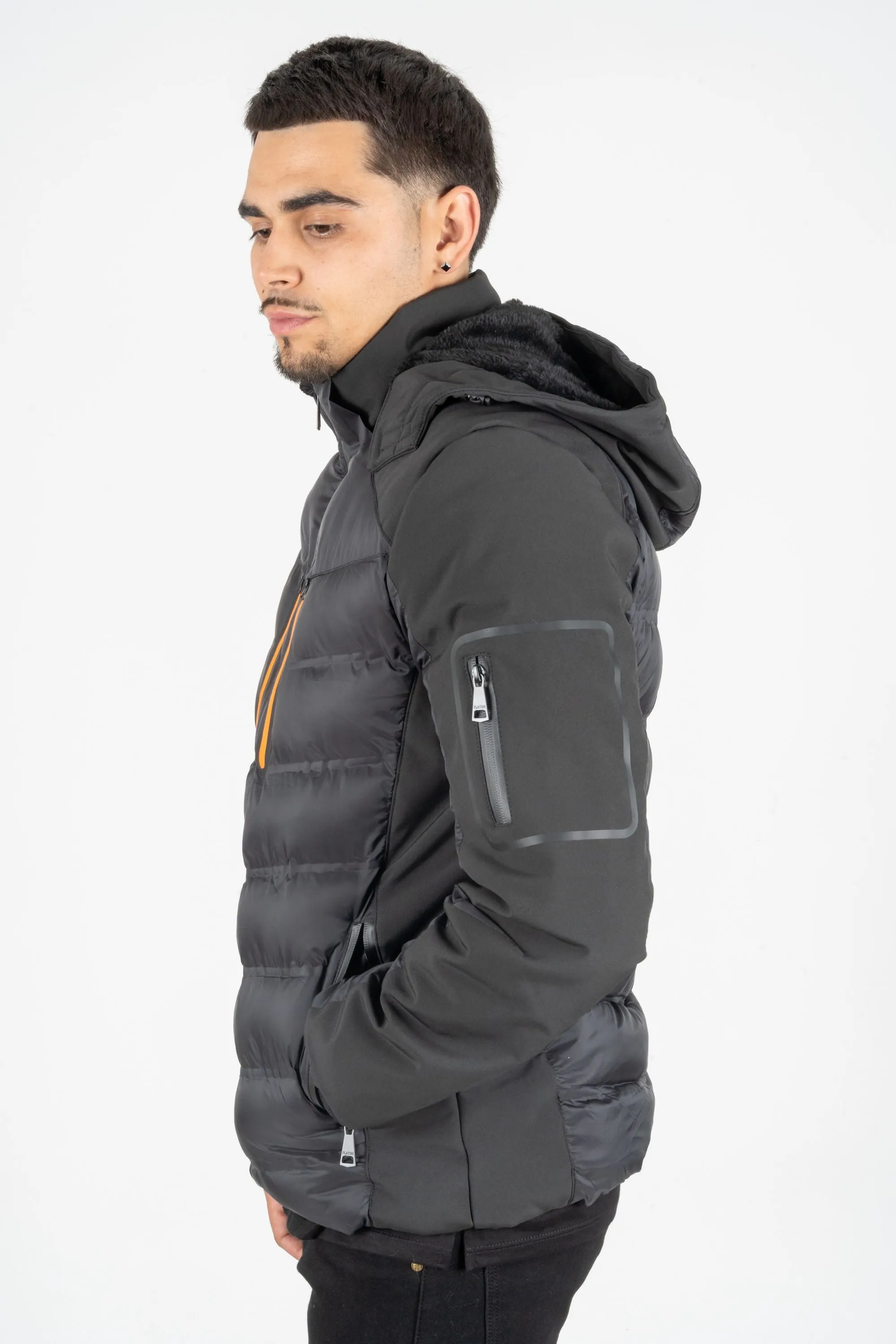 MEN'S BLACK JACKET ACTIVE MULTI FABRIC PADDED WITH HOOD | BLACK FJT7834