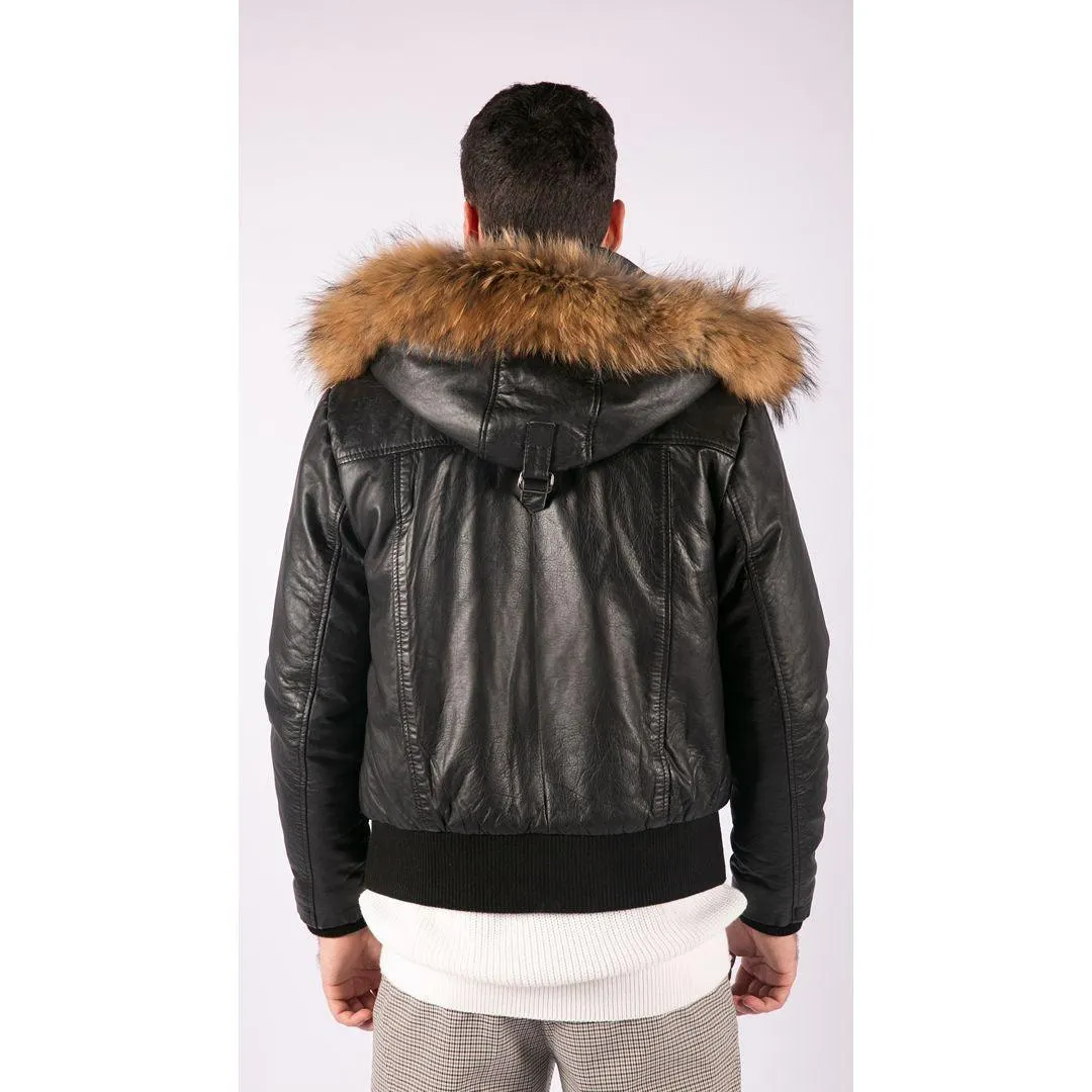 Mens Real Fur Hood Bomber Leather Jacket Black Puffer Padded