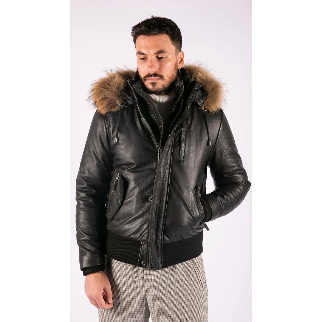 Mens Real Fur Hood Bomber Leather Jacket Black Puffer Padded