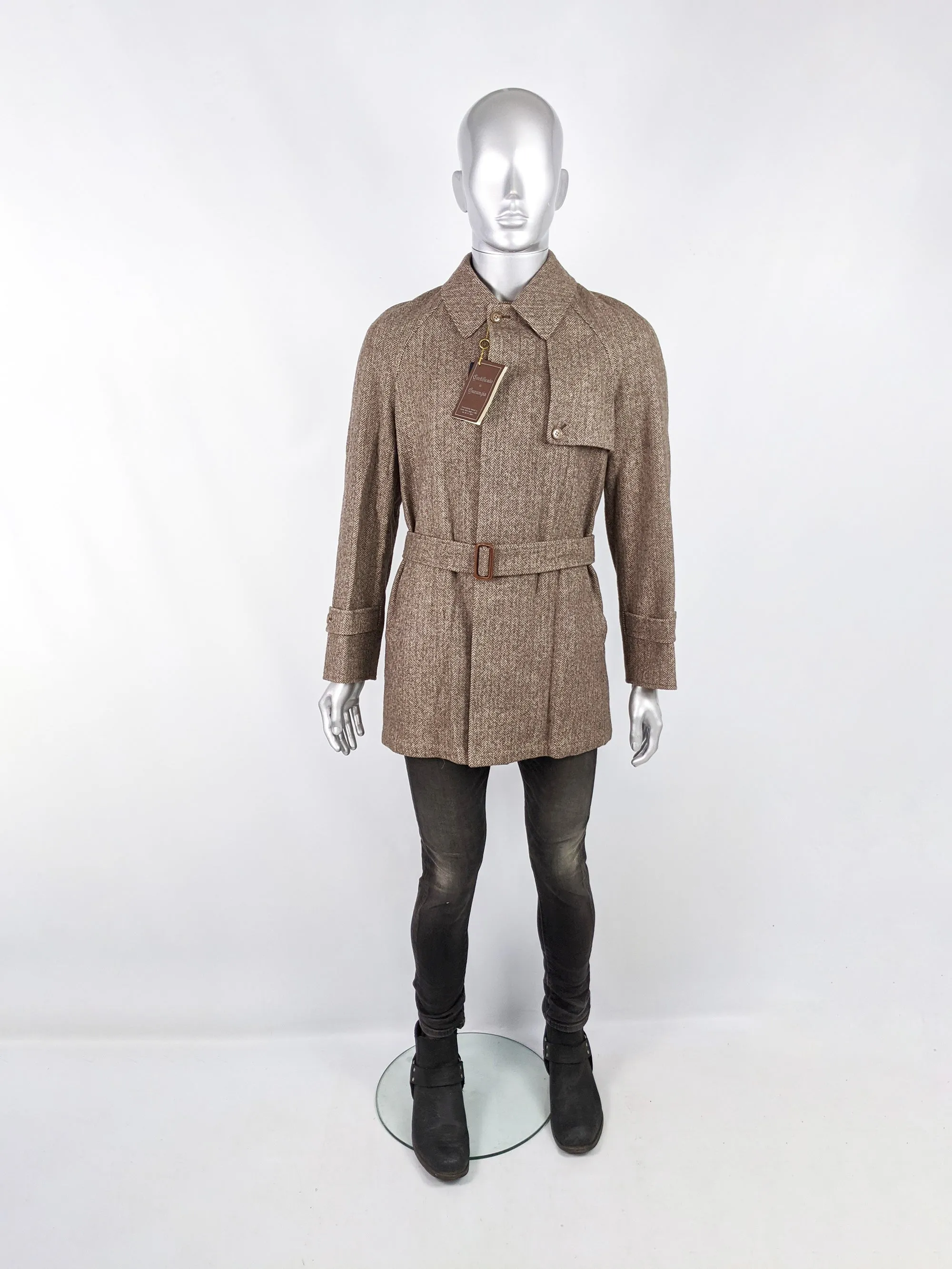 Mens Vintage Italian Reversible Brown Tweed & Gabardine Coat, 1970s