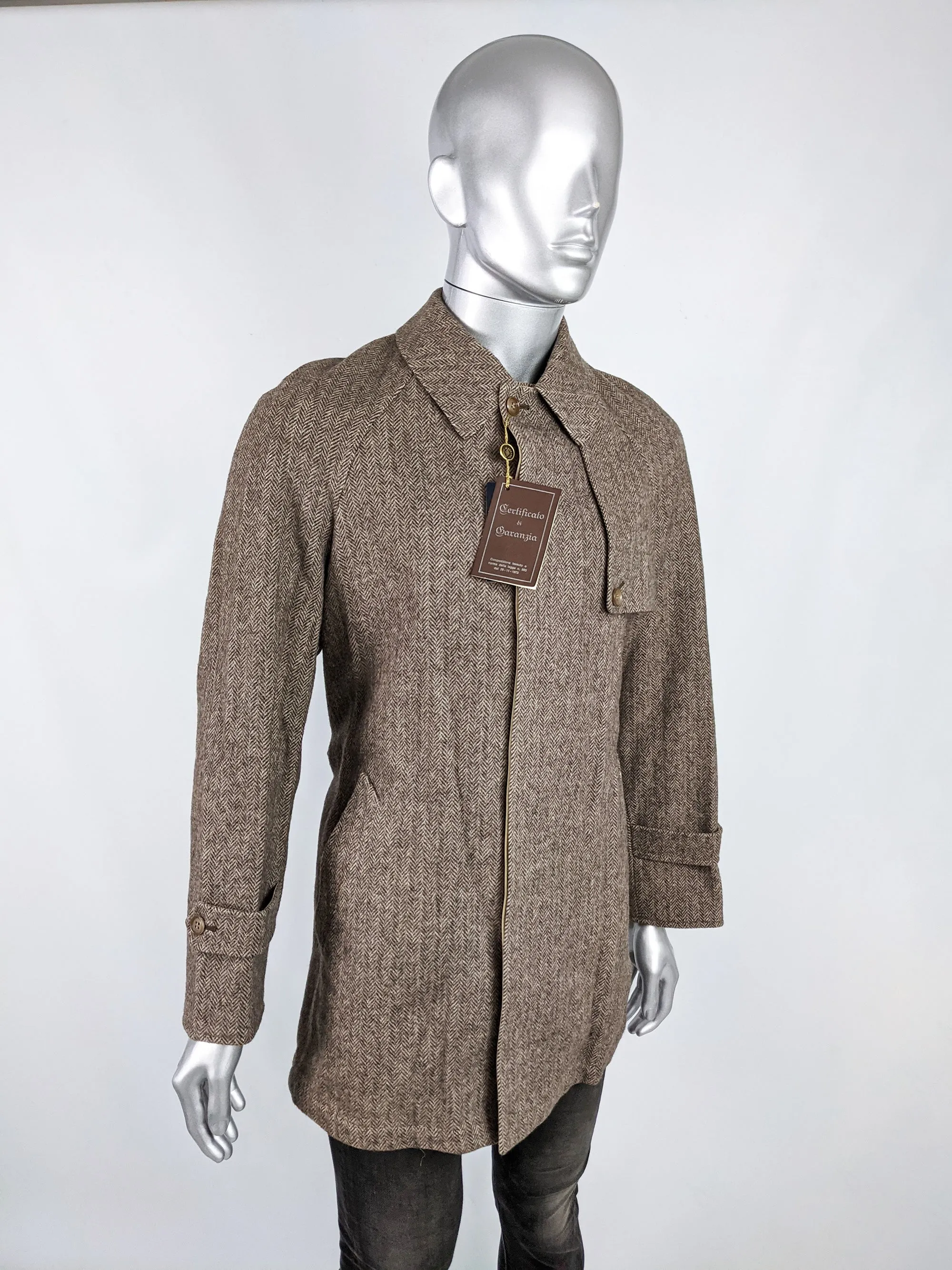 Mens Vintage Italian Reversible Brown Tweed & Gabardine Coat, 1970s