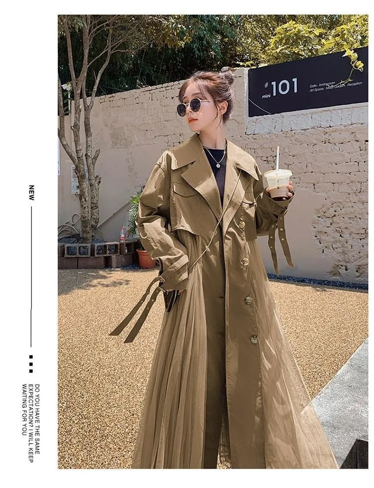 Mesh Patchwork Single-Breasted Trench Coat