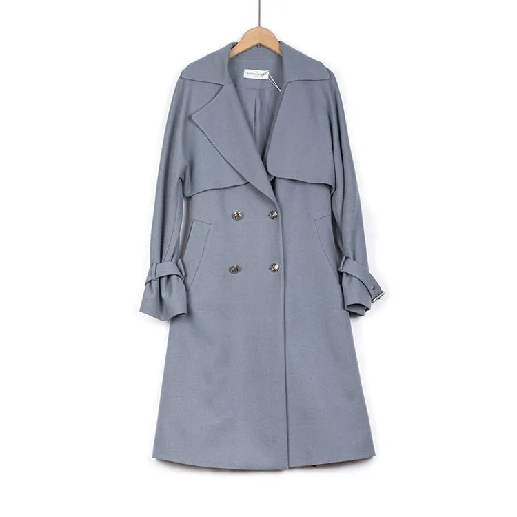 Mist Blue Trench Coats with Metal Buttons