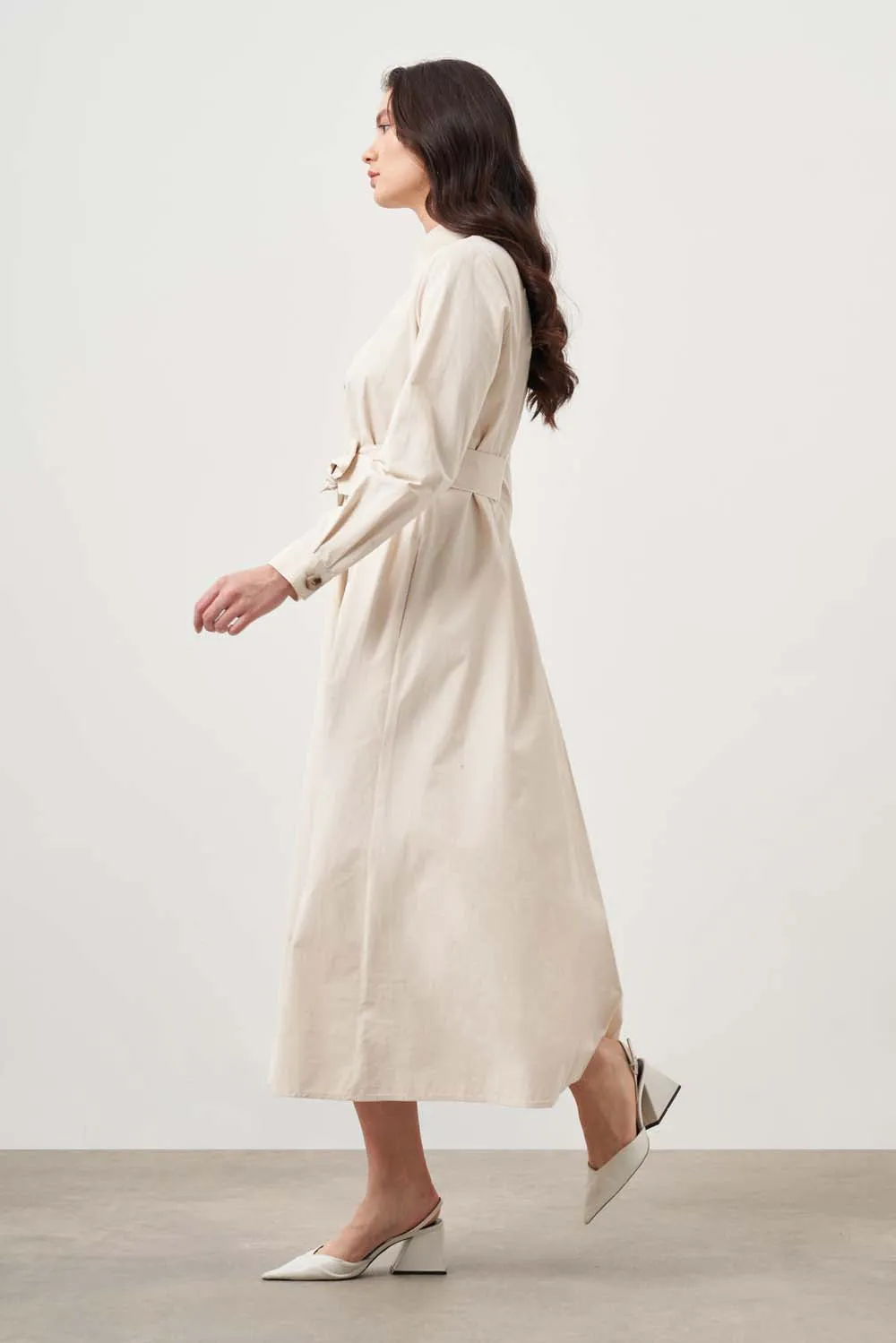 Mizalle-Button Up Belted Dress-Beige