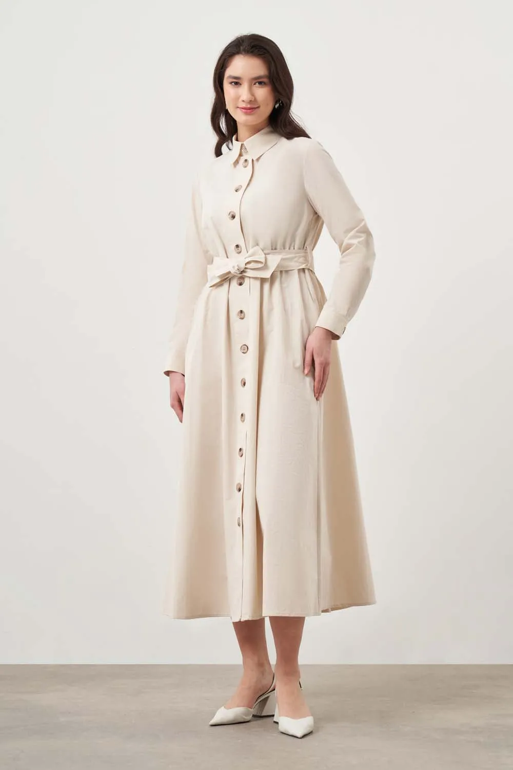 Mizalle-Button Up Belted Dress-Beige