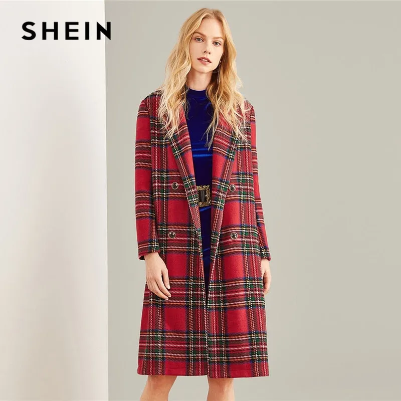 Multicolor Double Breasted Waterfall Plaid Longline Coat Elegant Pocket Knee Length