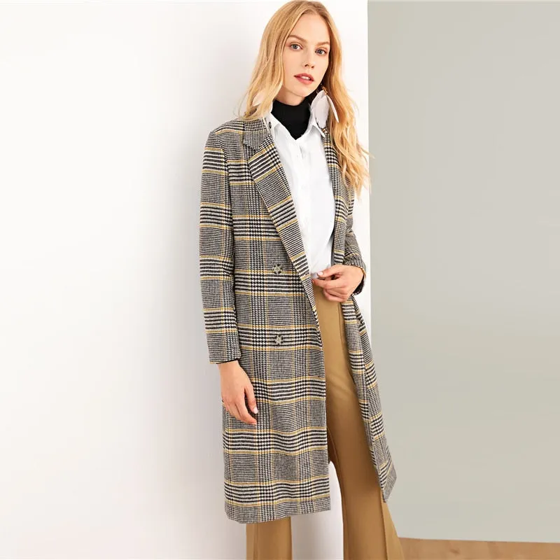 Multicolor Notched Neck Plaid Coat Highstreet Long Sleeve Outerwear