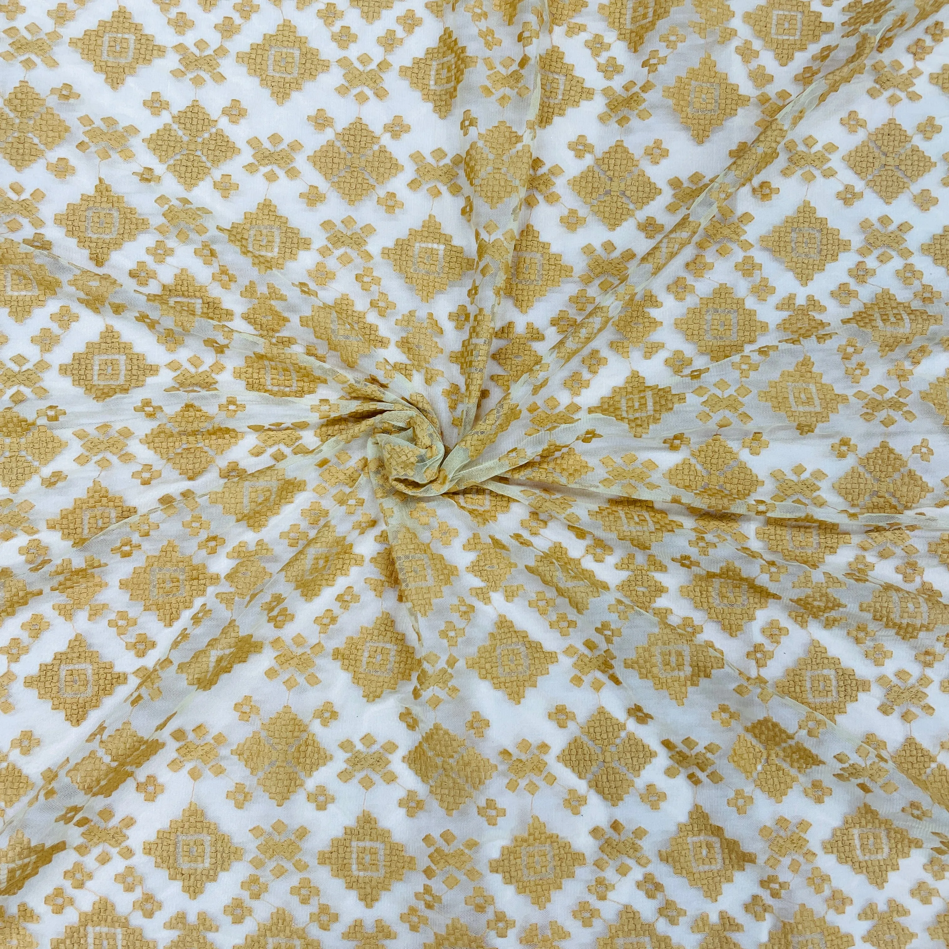 Mustard Yellow Geometrical Embroidery Lace Fabric