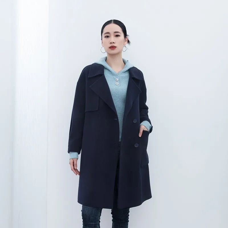 Navy Blue Long Woolen Coats with Belt