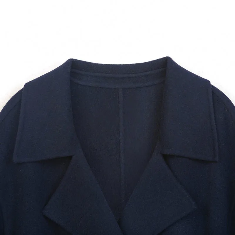 Navy Blue Long Woolen Coats with Belt