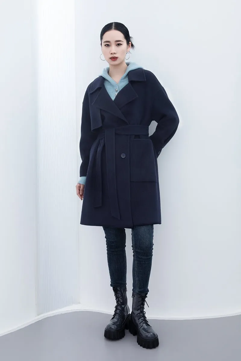 Navy Blue Long Woolen Coats with Belt