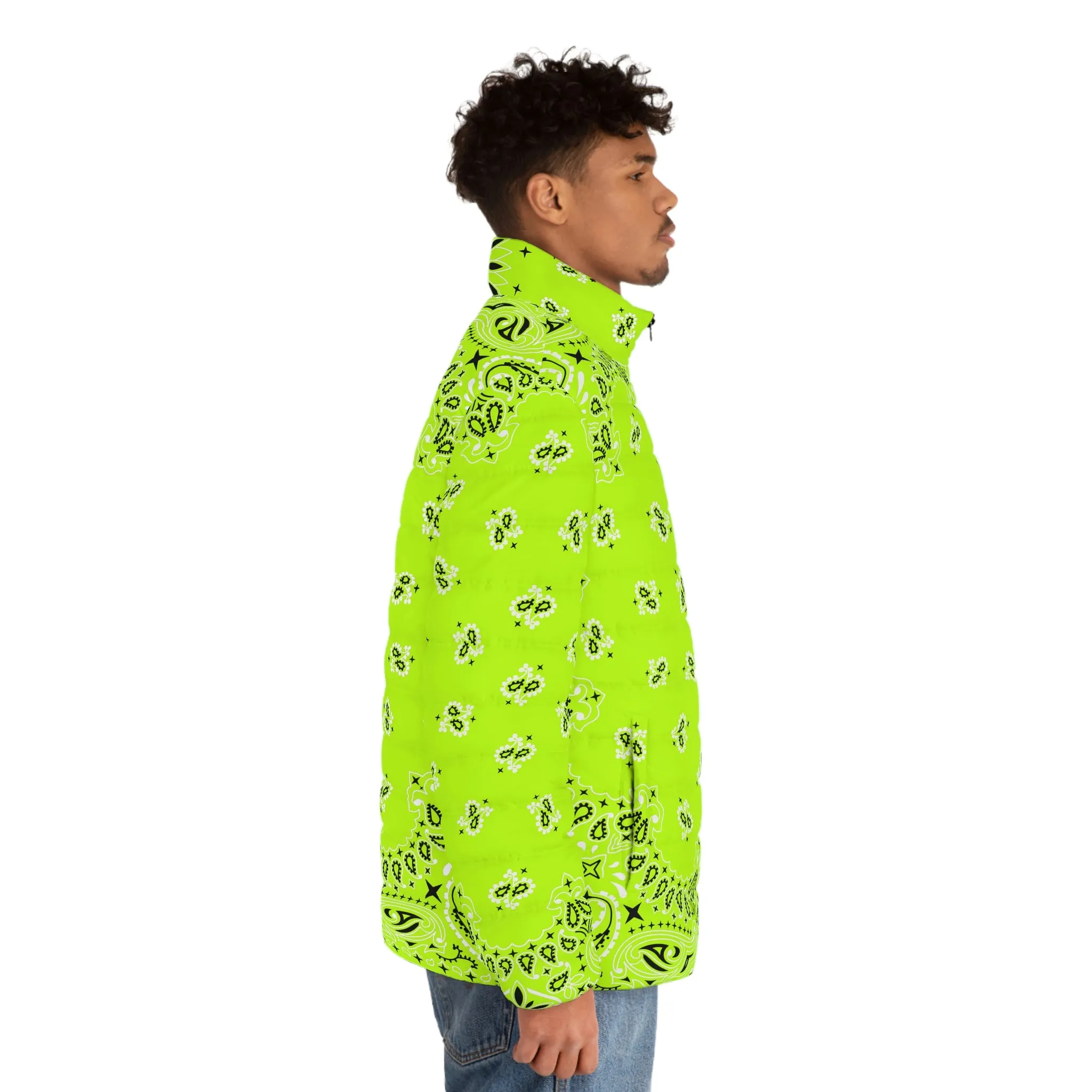 Neon Green Bandana Art Men's Puffer Jacket