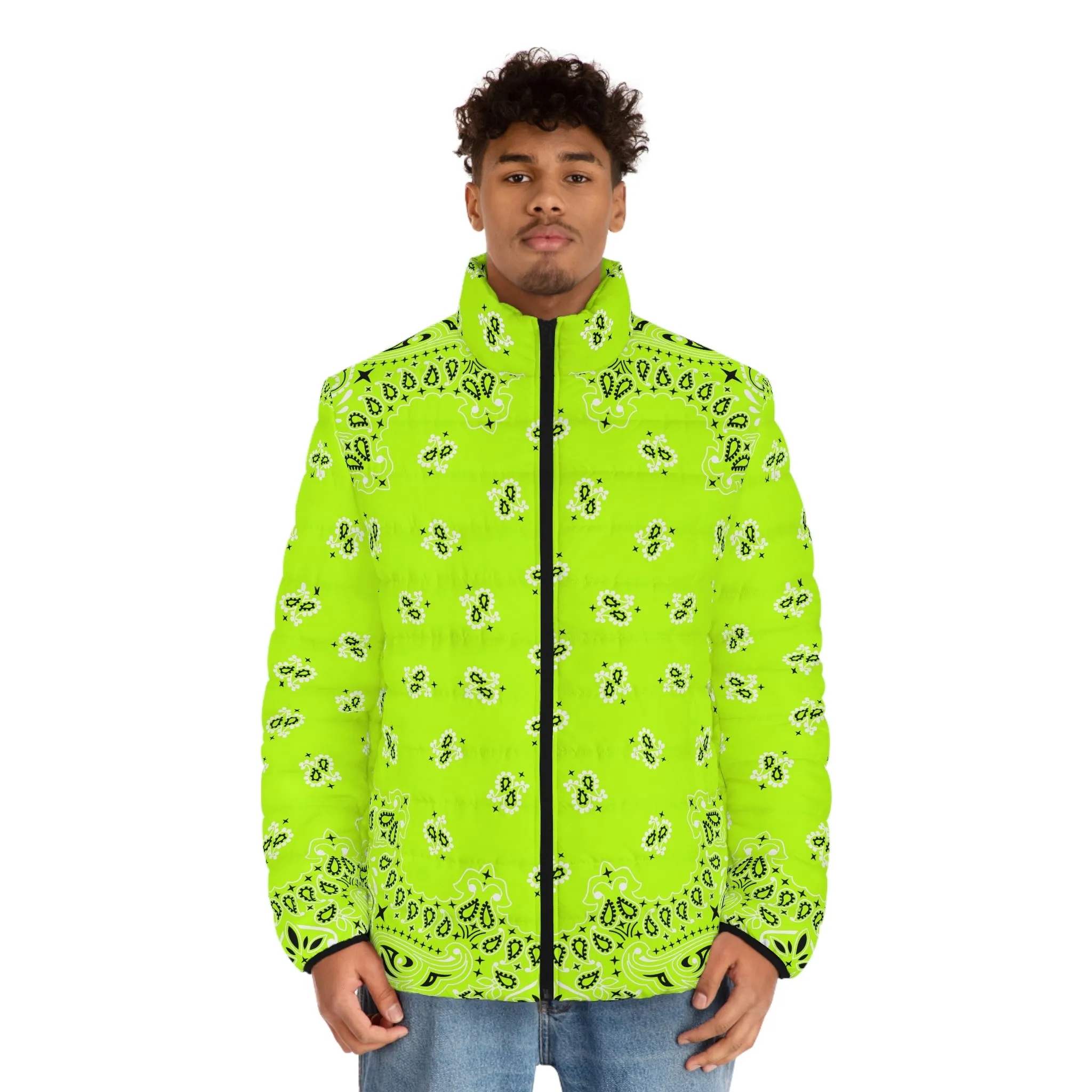 Neon Green Bandana Art Men's Puffer Jacket