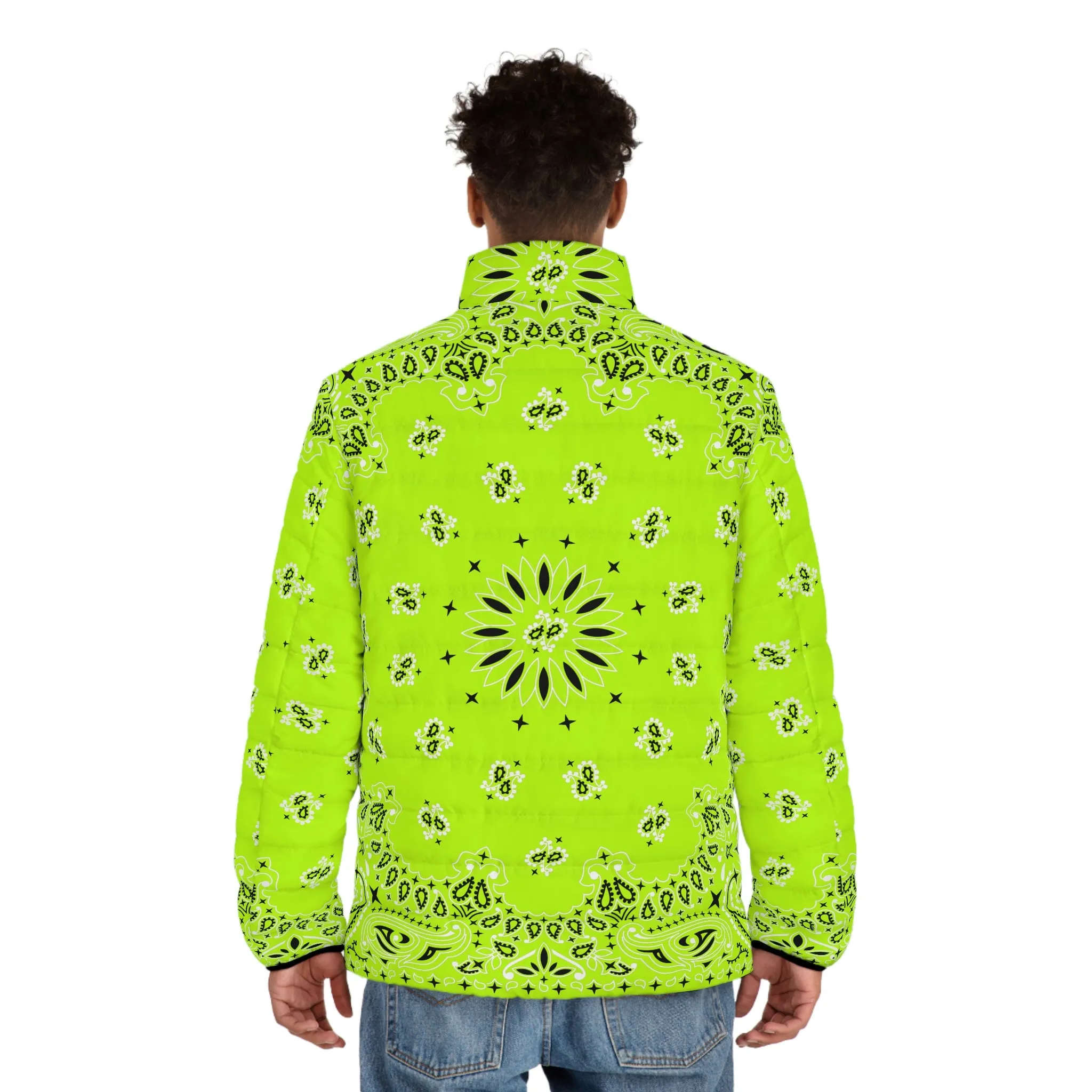 Neon Green Bandana Art Men's Puffer Jacket