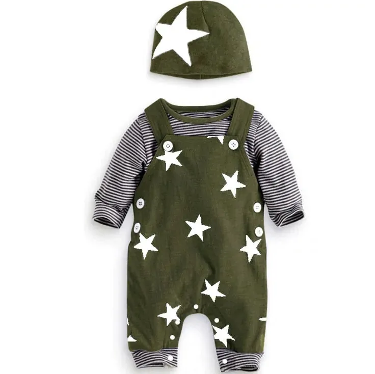 Newborn Baby Boy Clothes  Long Sleeve Tops   Suspender Pants   Hat