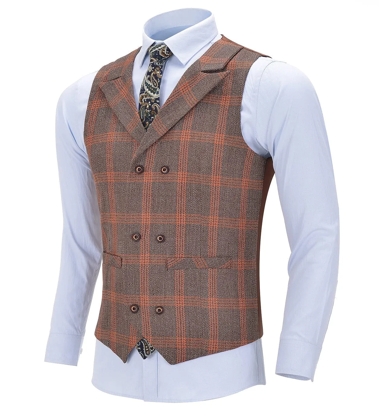 Orange Plaid Peak Lapel Waistcoat Casual Slim Fit Suit Vest