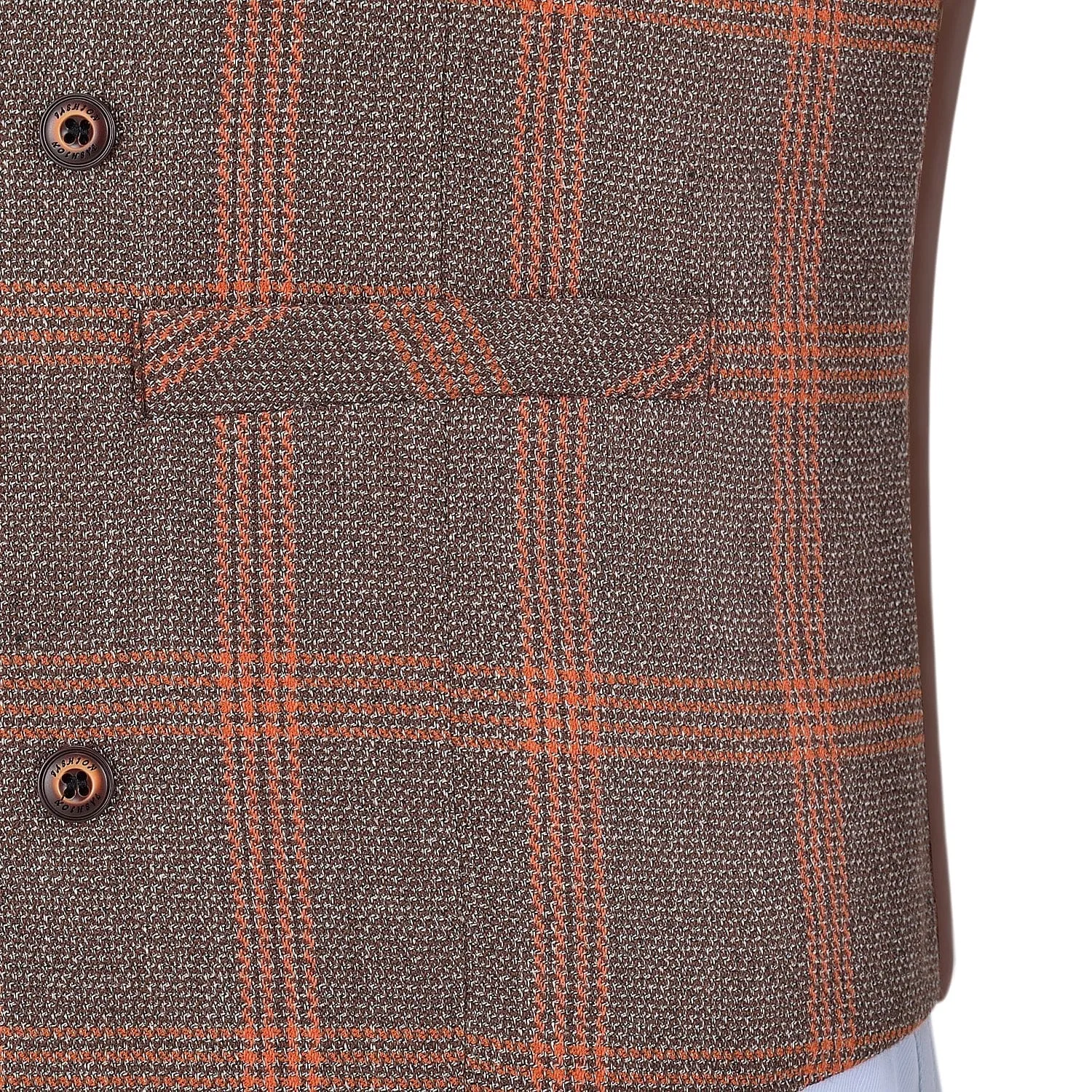 Orange Plaid Peak Lapel Waistcoat Casual Slim Fit Suit Vest