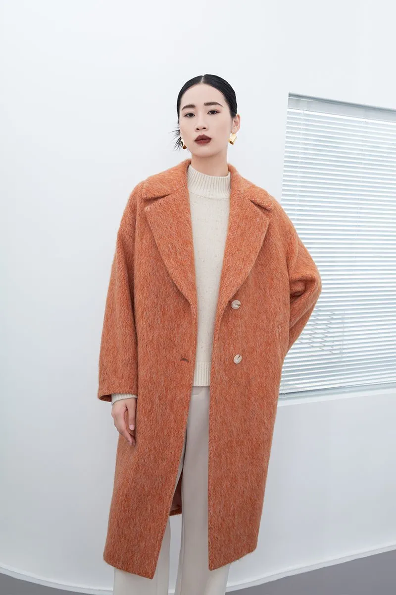 Orange Red Lapel Long Wool Coats