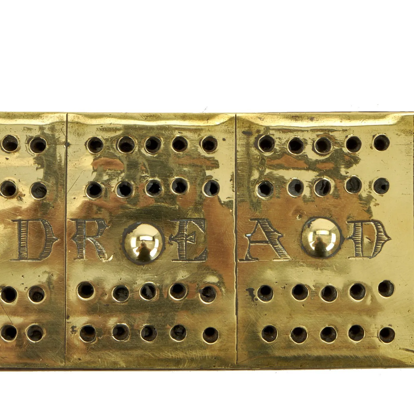 Original British WWI Royal Navy Trench Art Brass & Wood Cribbage Board marked DREADNOUGHT - dated 1906