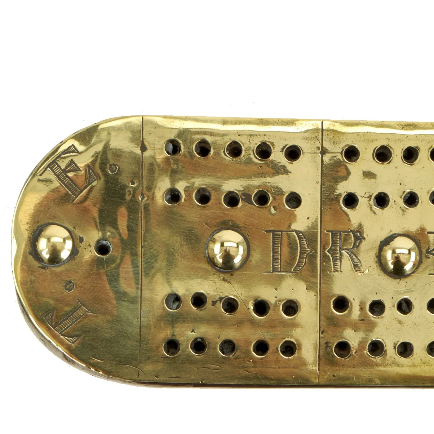 Original British WWI Royal Navy Trench Art Brass & Wood Cribbage Board marked DREADNOUGHT - dated 1906