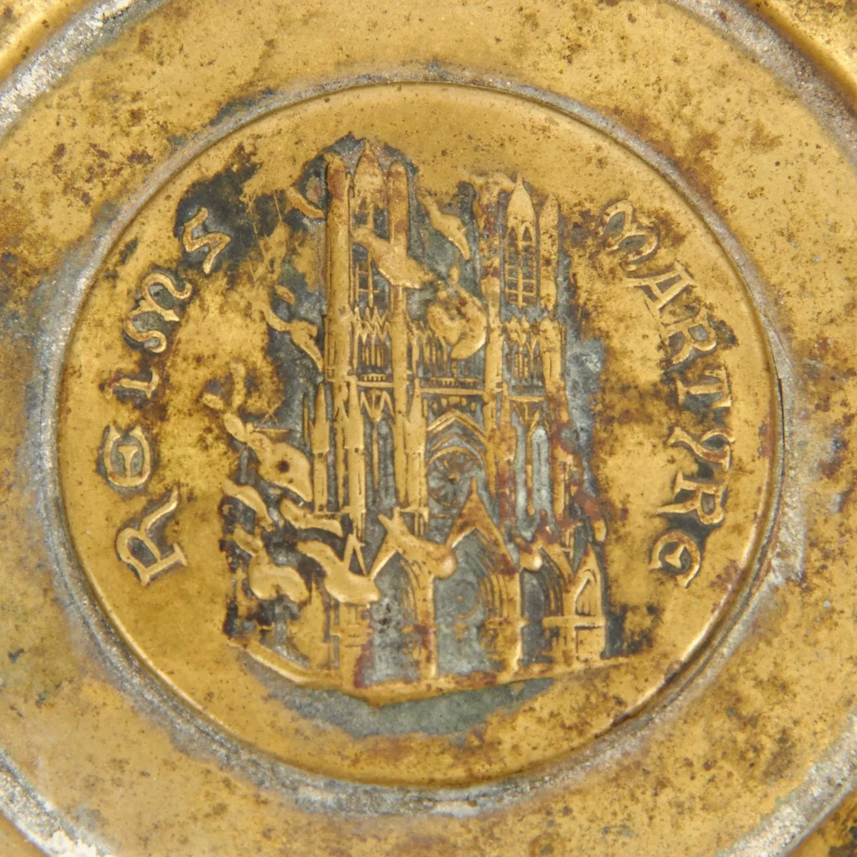 Original British WWI Trench Art Ashtray - Reims Cathedral in Flames