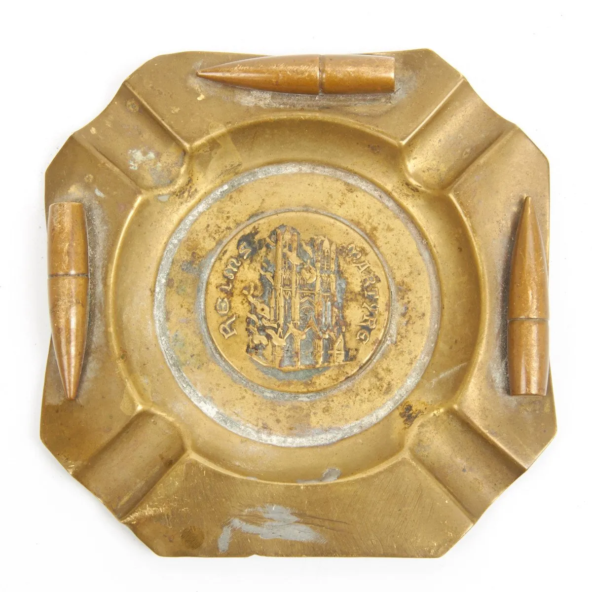 Original British WWI Trench Art Ashtray - Reims Cathedral in Flames