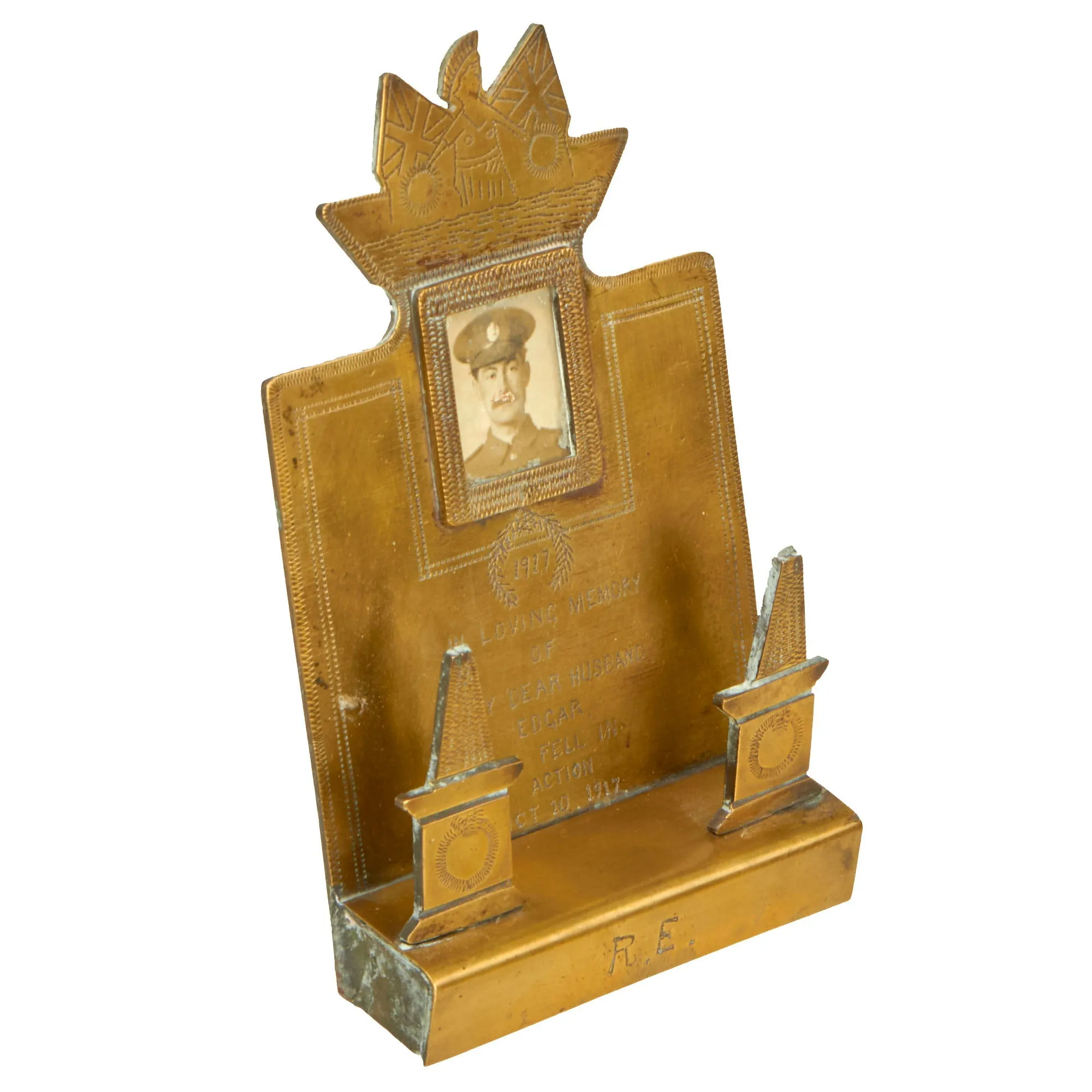 Original British WWI “Trench Art” K.I.A. Memorial Picture Frame Made From Scrap Brass As Featured In The Book “Trench Art, An Illustrated History” by Jane Kimball on Page 309 - Edgar Cook, Royal Engineers