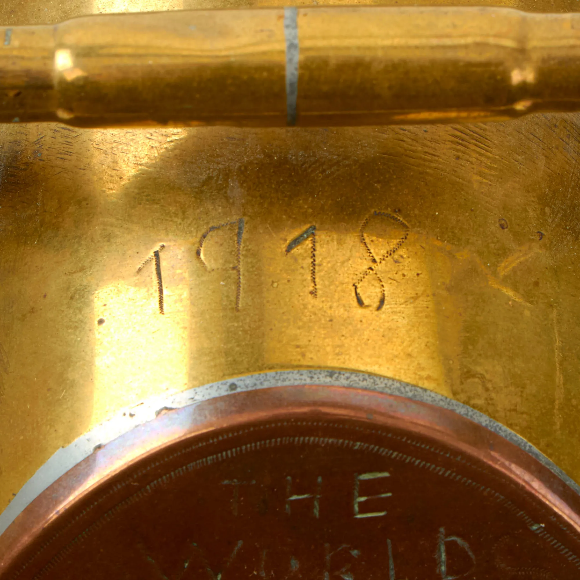 Original U.S. WWI Trench Art Brass 75mm Shell Casing Sugar Container With Scoop, As Featured In The Book “Trench Art, An Illustrated History” by Jane Kimball on Page 196