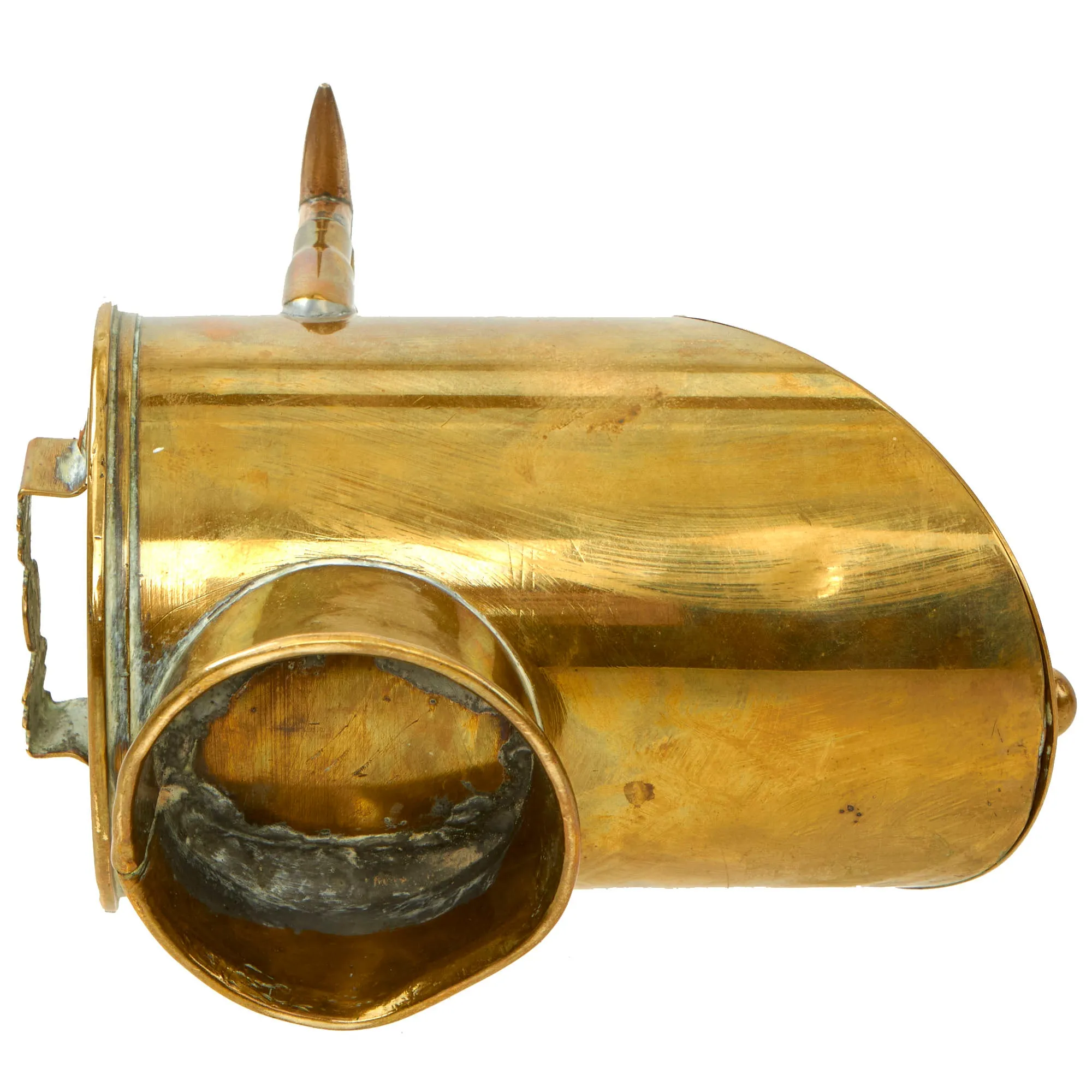 Original U.S. WWI Trench Art Brass 75mm Shell Casing Sugar Container With Scoop, As Featured In The Book “Trench Art, An Illustrated History” by Jane Kimball on Page 196