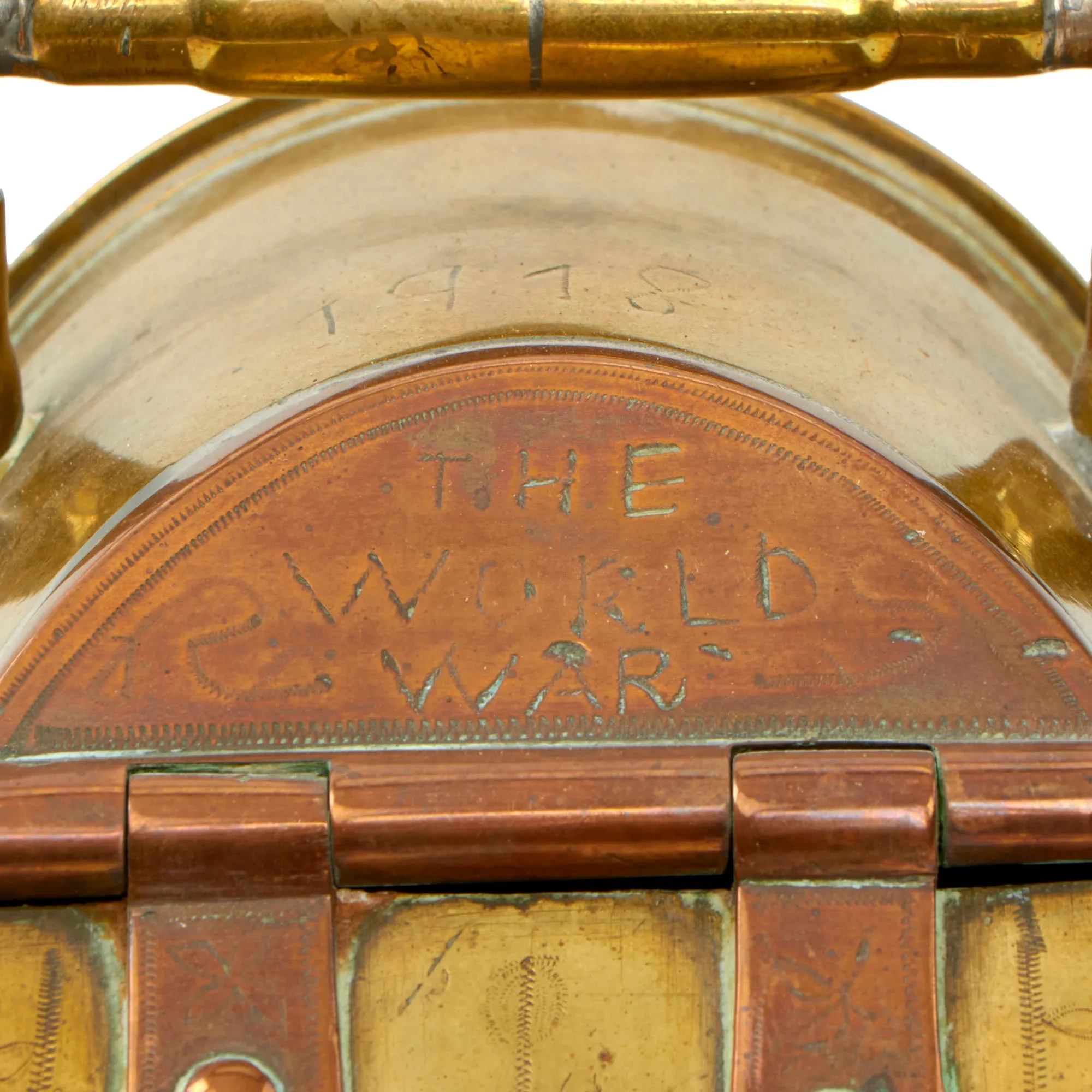 Original U.S. WWI Trench Art Brass 75mm Shell Casing Sugar Container With Scoop, As Featured In The Book “Trench Art, An Illustrated History” by Jane Kimball on Page 196