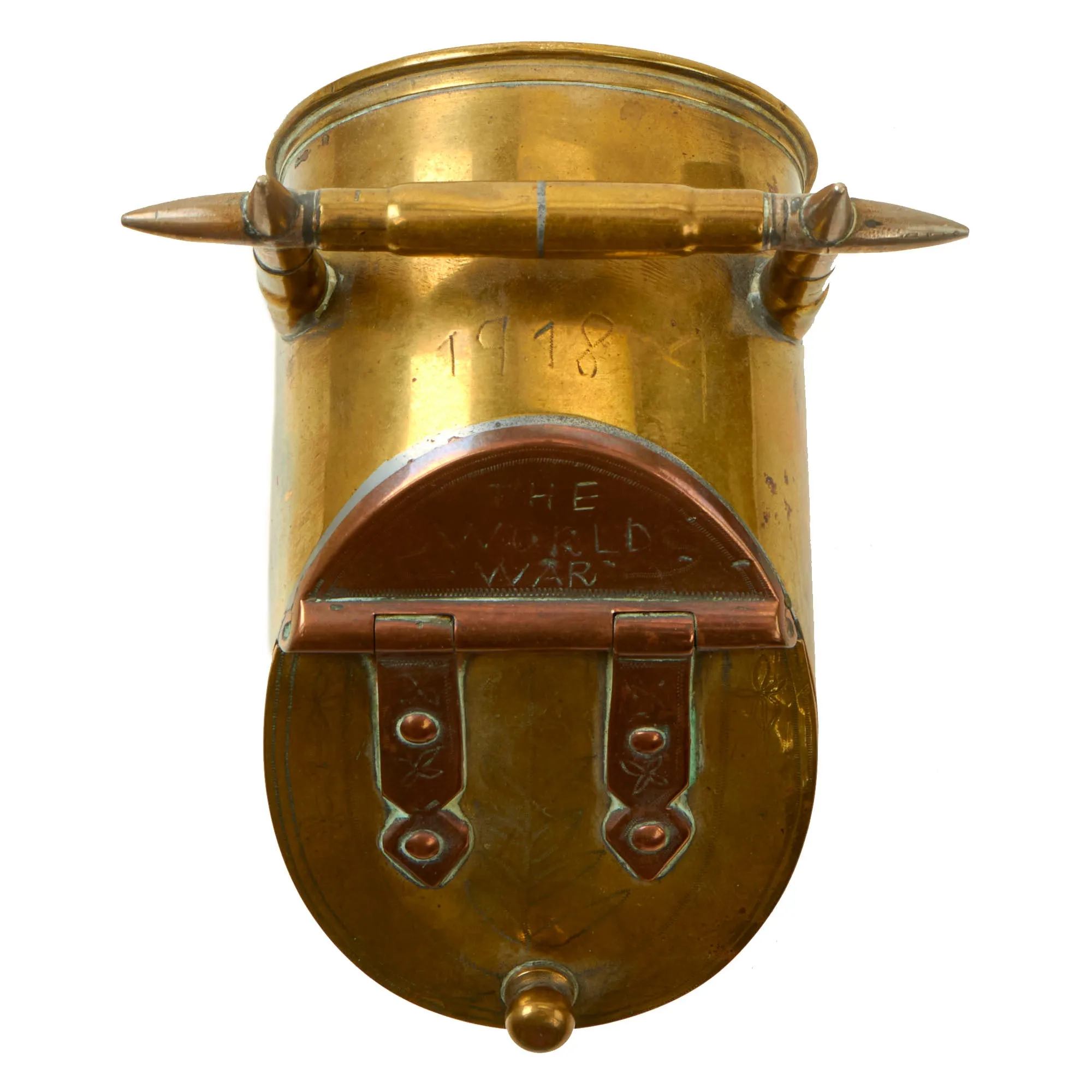 Original U.S. WWI Trench Art Brass 75mm Shell Casing Sugar Container With Scoop, As Featured In The Book “Trench Art, An Illustrated History” by Jane Kimball on Page 196