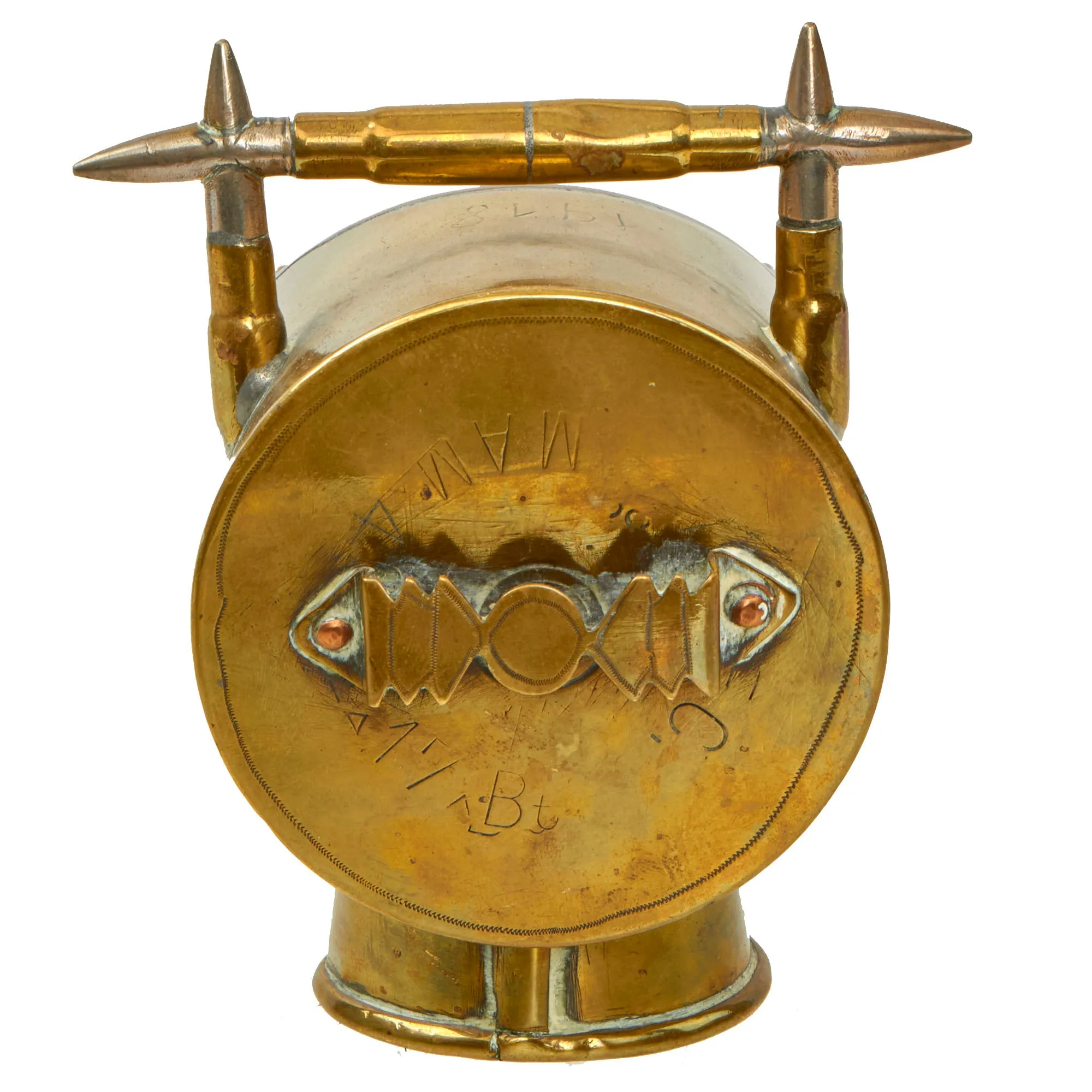 Original U.S. WWI Trench Art Brass 75mm Shell Casing Sugar Container With Scoop, As Featured In The Book “Trench Art, An Illustrated History” by Jane Kimball on Page 196