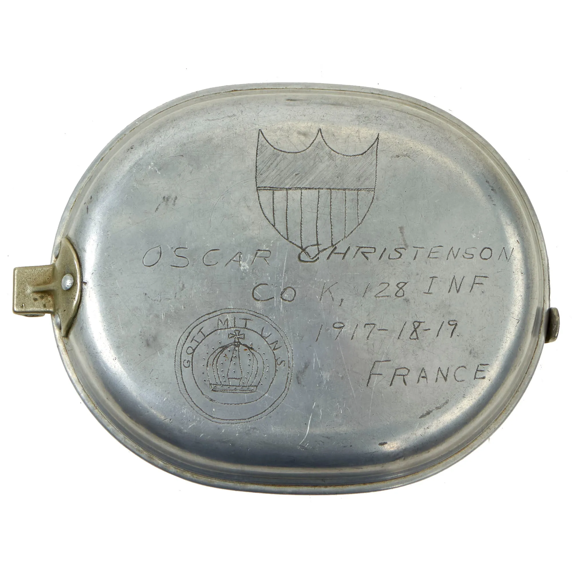 Original U.S. WWI Trench Art M1910 Mess Kit by L.F.&C. Personalized by Private Oscar Christenson, 128th Infantry Regiment, 32 Division As Featured In The Book “Trench Art, An Illustrated History” by Jane Kimball on Page 226