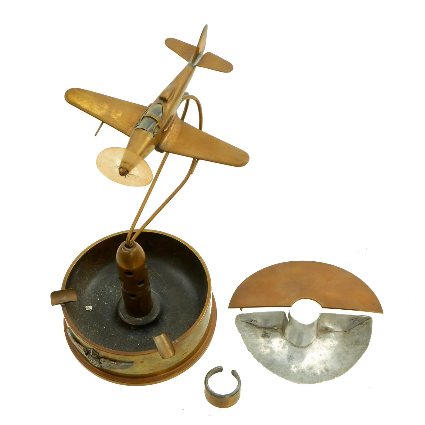 Original U.S. WWII Trench Art Ashtray w/ Sterling Senior Pilot Wings and Handcrafted Bell P-39 Airacobra