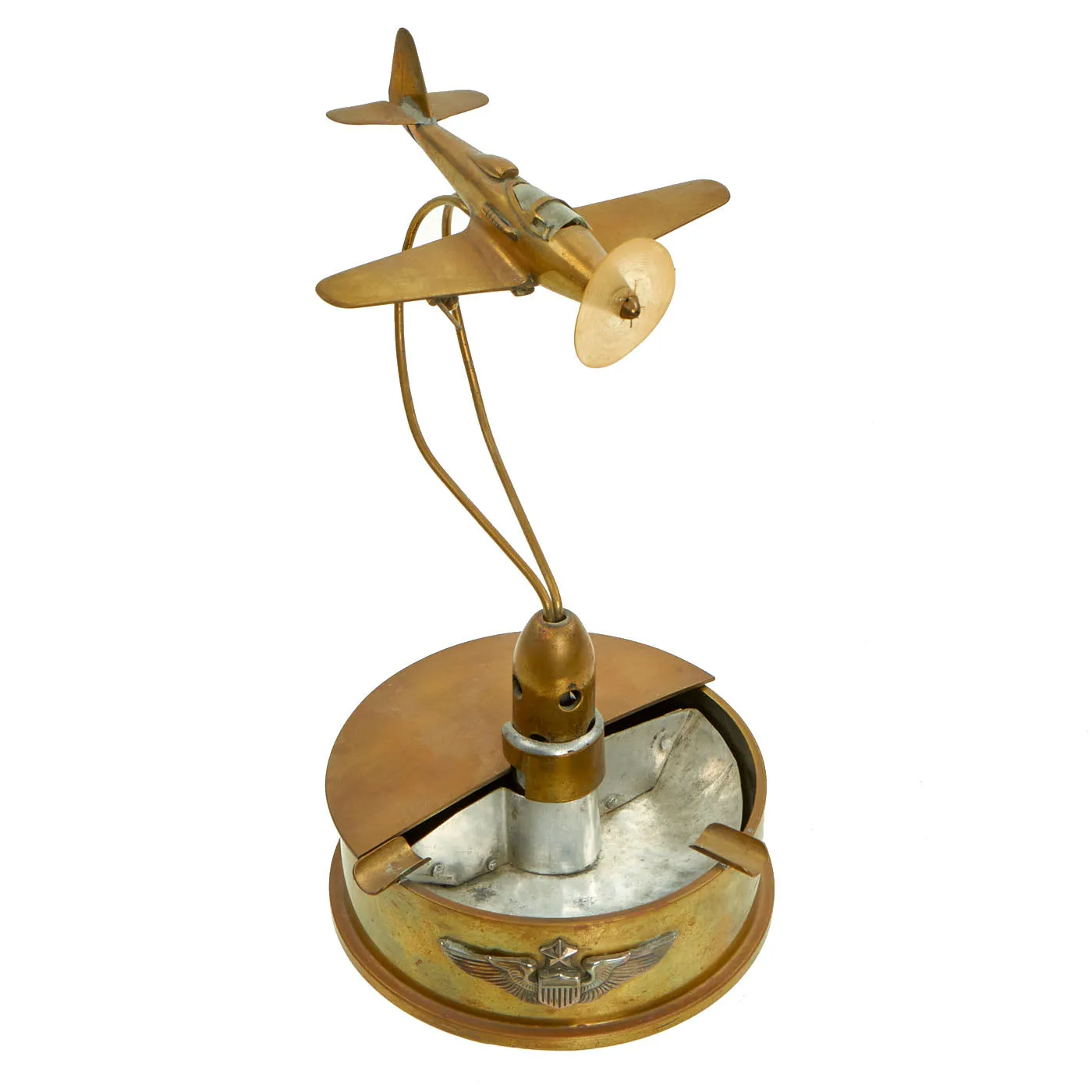 Original U.S. WWII Trench Art Ashtray w/ Sterling Senior Pilot Wings and Handcrafted Bell P-39 Airacobra