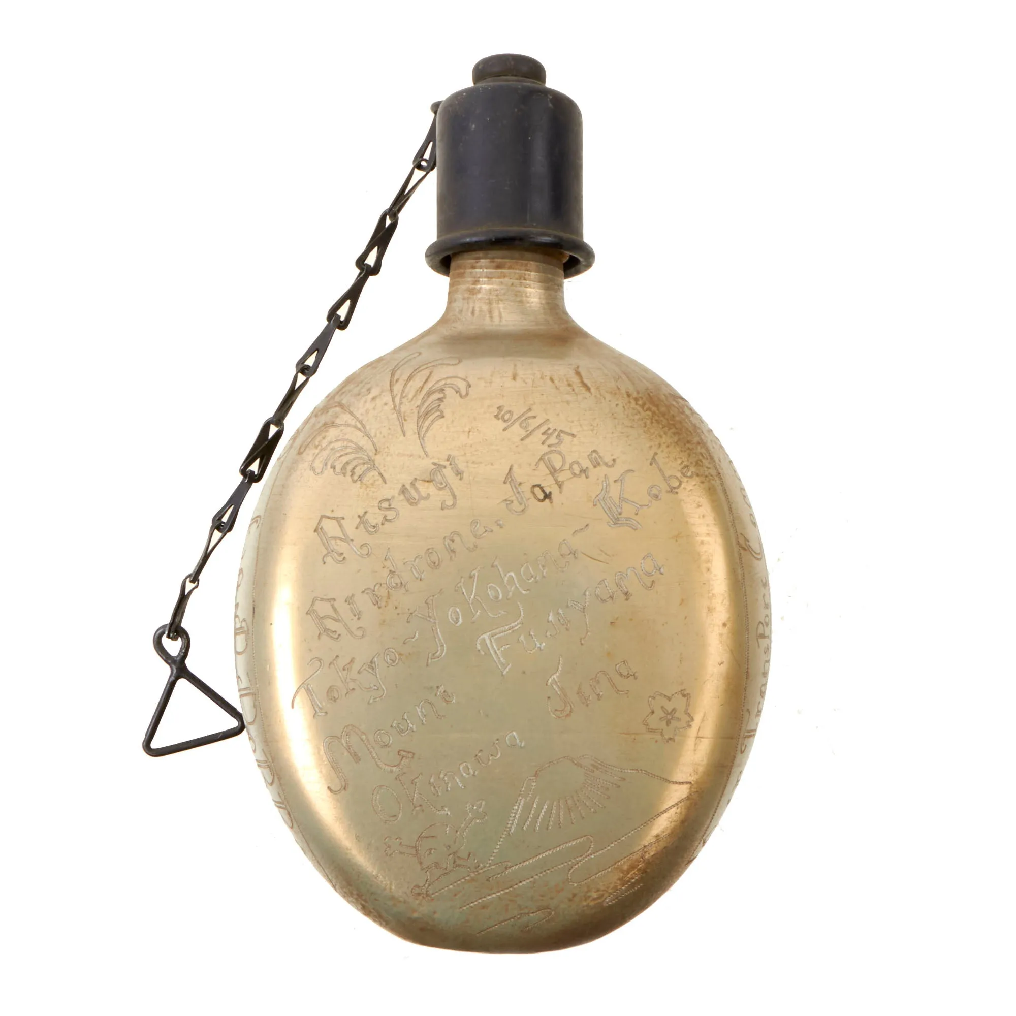 Original U.S. WWII Trench Art Captured Japanese Canteen Personalized by Roland Dobbs, Air Transport Command, As Featured In The Book “Trench Art, An Illustrated History” by Jane Kimball on Page 348