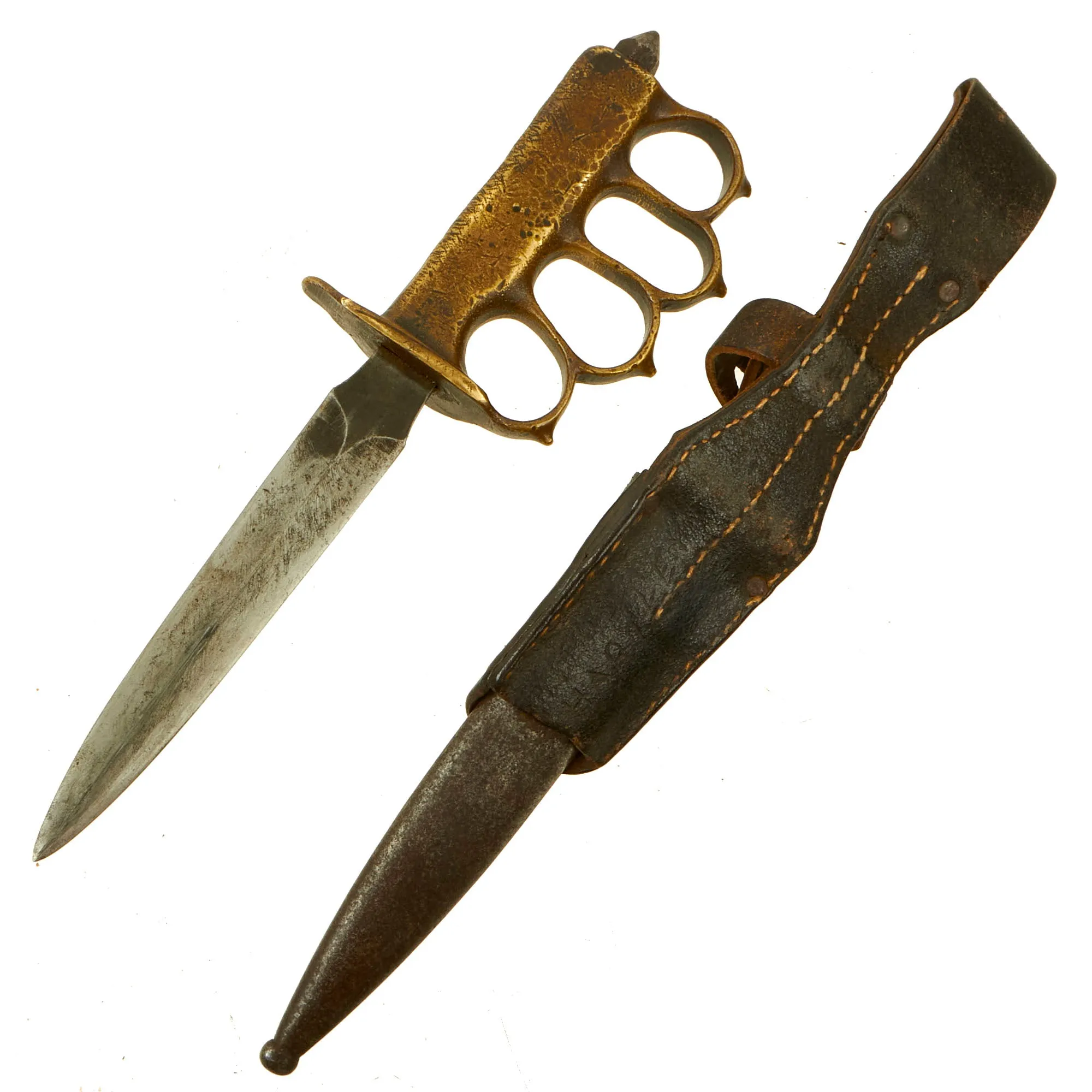 Original U.S. WWI/WWII Model 1918 Mark 1 Trench Knife “Paratrooper” Modified with Cut Down German 98k Frog and Scabbard