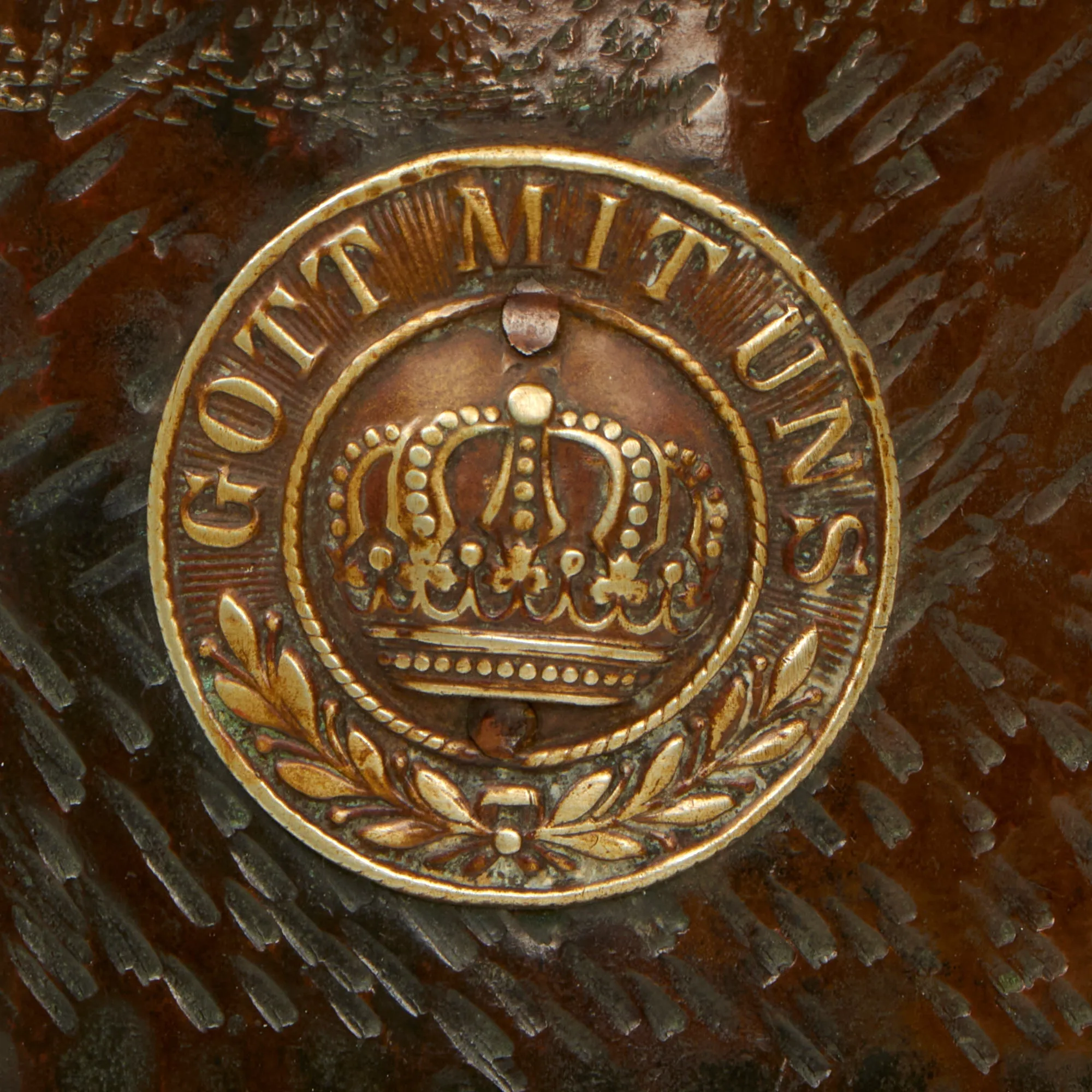 Original WWI German POW Trench Art Brass 115mm Shell Casing Vase With “Gott Mit Uns” Buckle roundel Applied, As Featured In The Book “Trench Art, An Illustrated History” by Jane Kimball on Page 263