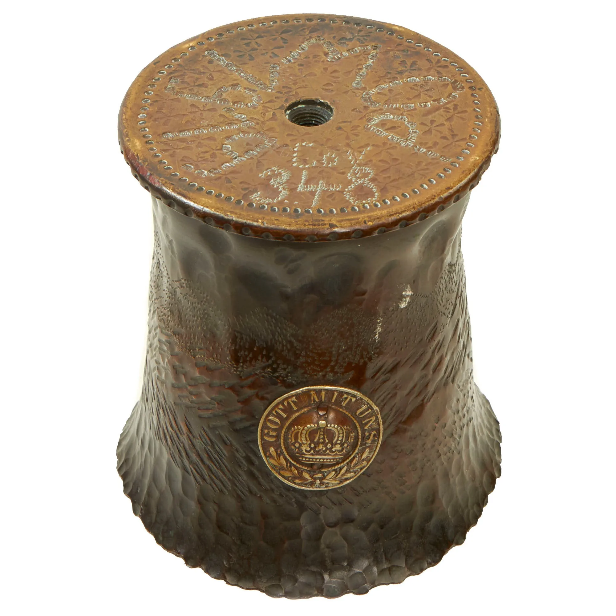 Original WWI German POW Trench Art Brass 115mm Shell Casing Vase With “Gott Mit Uns” Buckle roundel Applied, As Featured In The Book “Trench Art, An Illustrated History” by Jane Kimball on Page 263