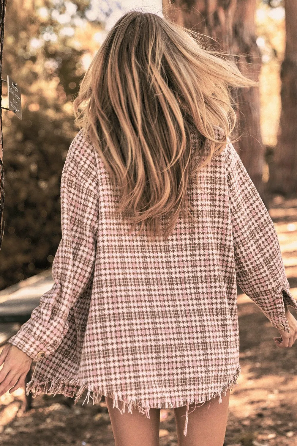 Plaid long sleeve jacket (shacket) with front pocket