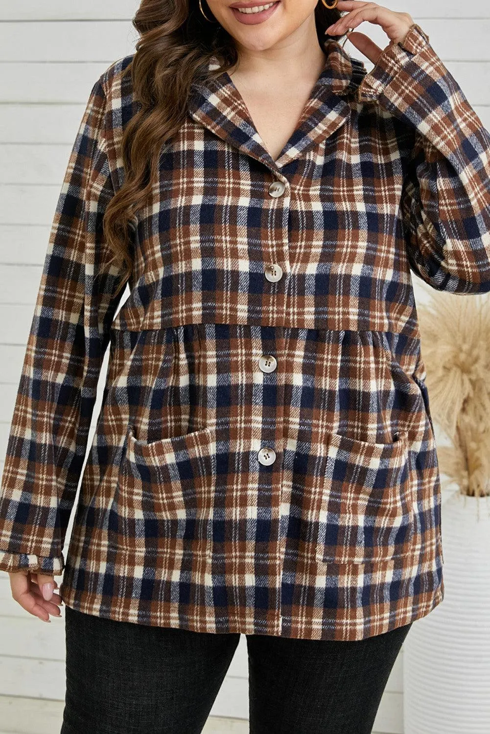 Plus Size Plaid Buttoned Collared Shacket