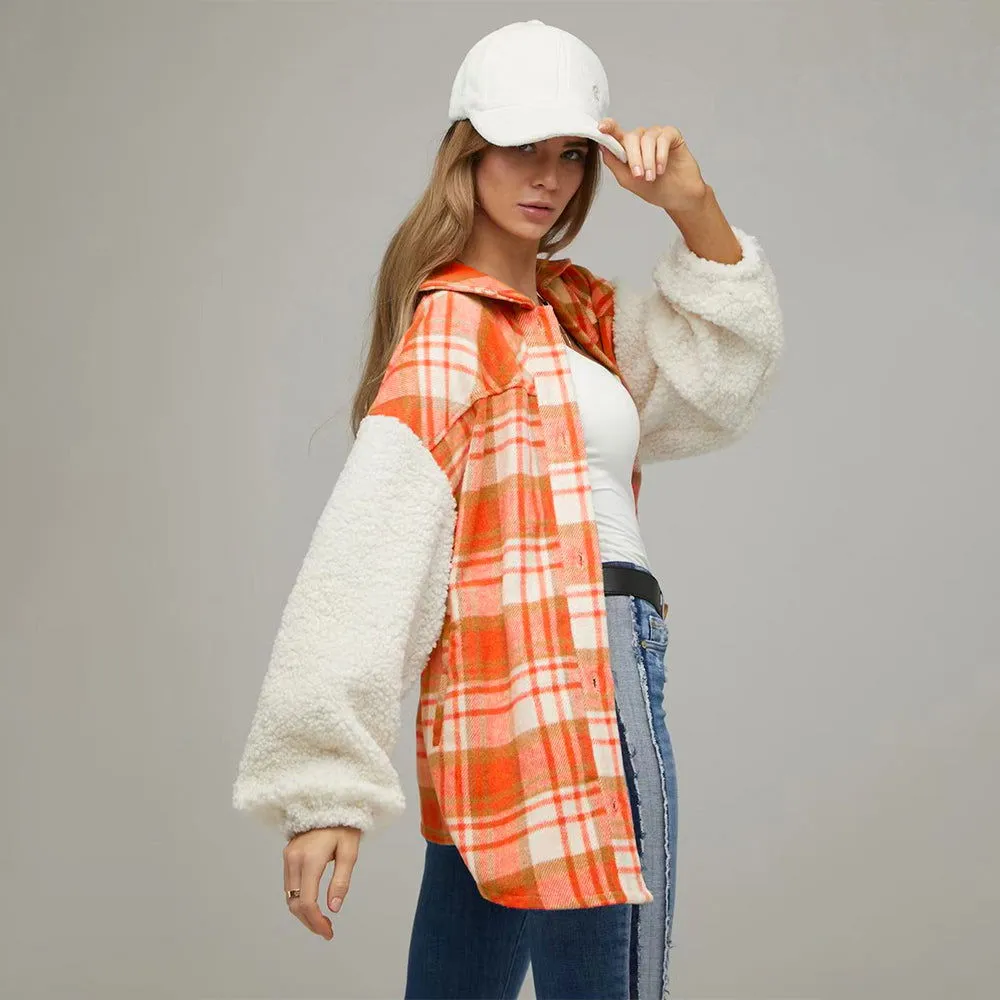 Popular Contrast Color Check Jacket Autumn Winter Thickening Plaid Stitching Lamb Wool Coat