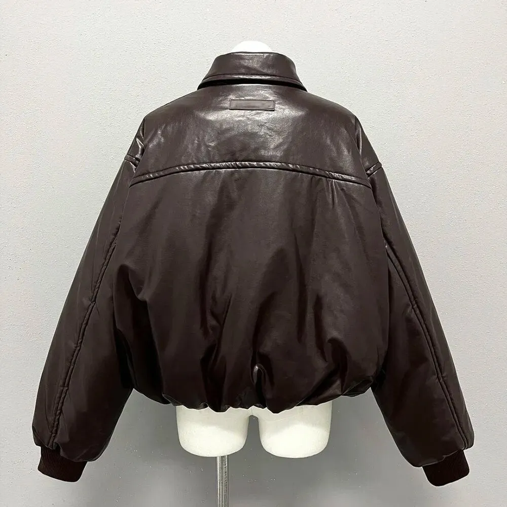 Pre Order:  Faux Leather Zip-Up Warm Jacket